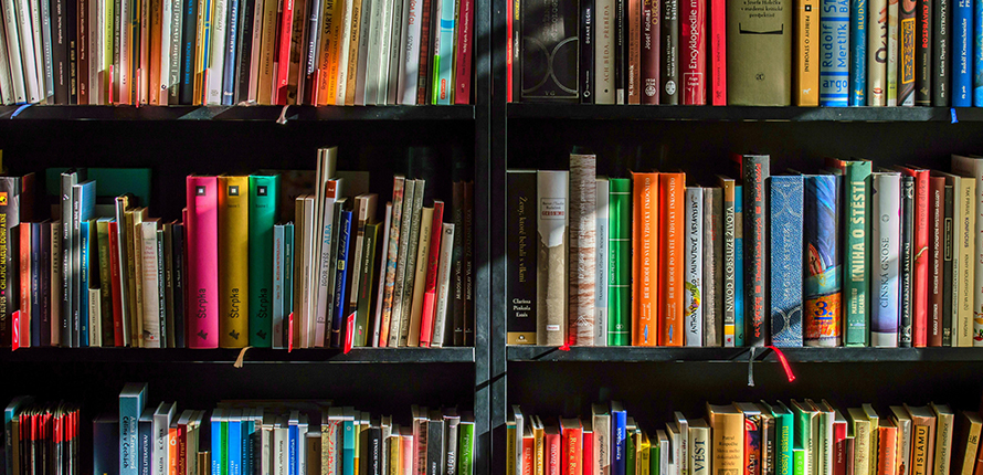Bookshelf with colourful books